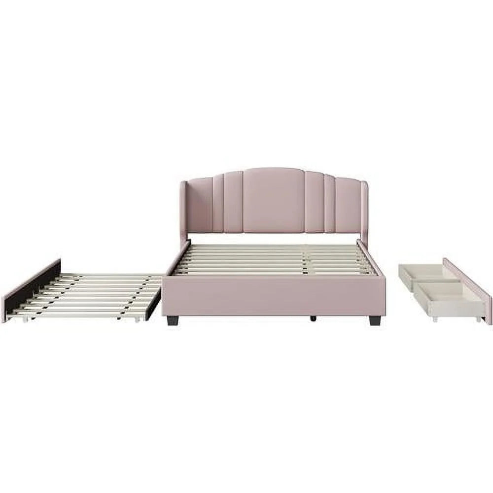 Queen Upholstered Platform Bed with Wingback Headboard and 2 Drawers M560