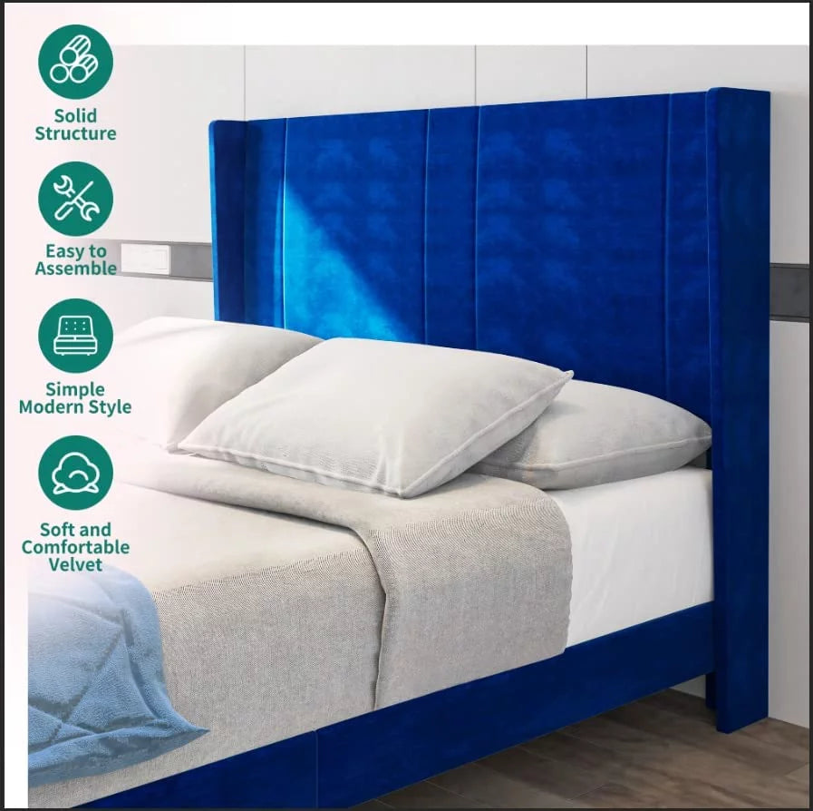Navy Blue Velvet Upholstered Platform Bed Full R486