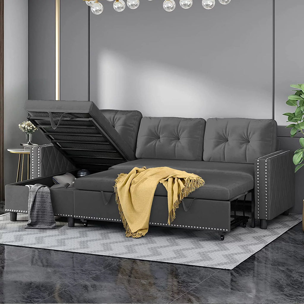 Velvet Reversible Sleeper Sectional Sofa with Storage Chaise T563