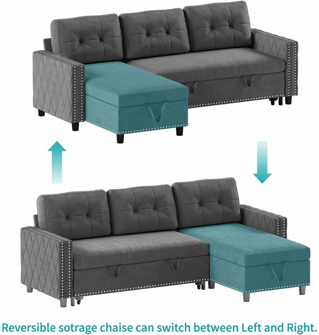 Velvet Reversible Sleeper Sectional Sofa with Storage Chaise T563