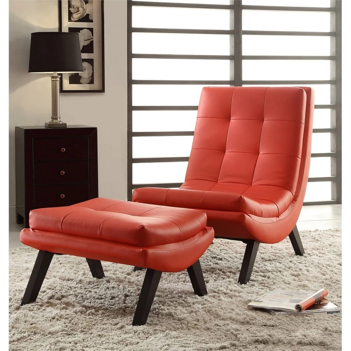 Red Faux Leather Lounge Chair and Ottoman F42420