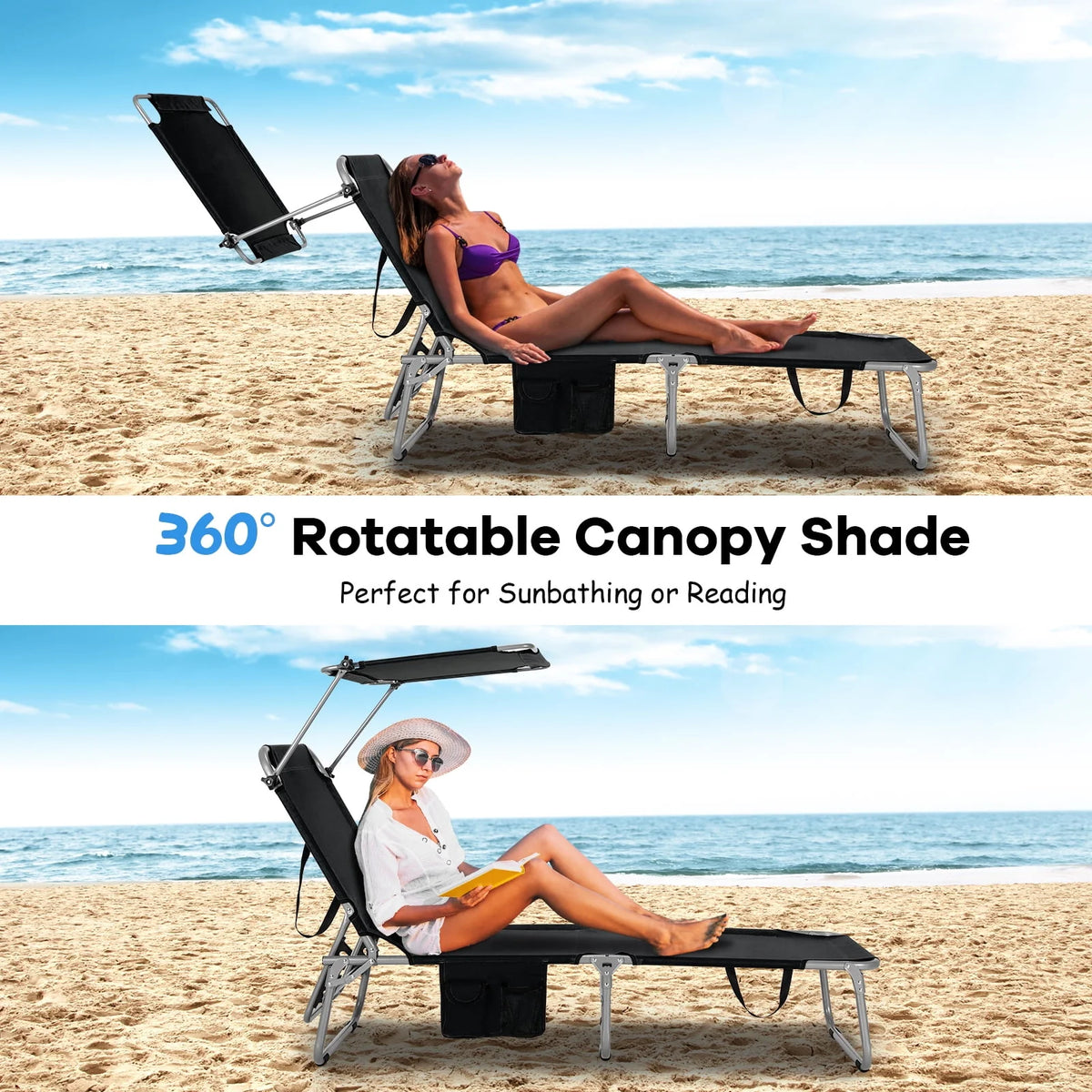 Beige Foldable Lounge Chair with Sun Shade H5471