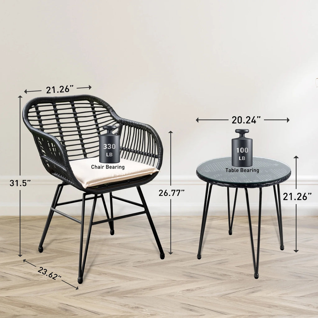 3 Piece Black PE Rattan Outdoor Wicker Bistro Set with Cushions S22100