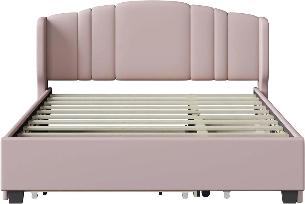 Queen Upholstered Platform Bed with Wingback Headboard and 2 Drawers M560
