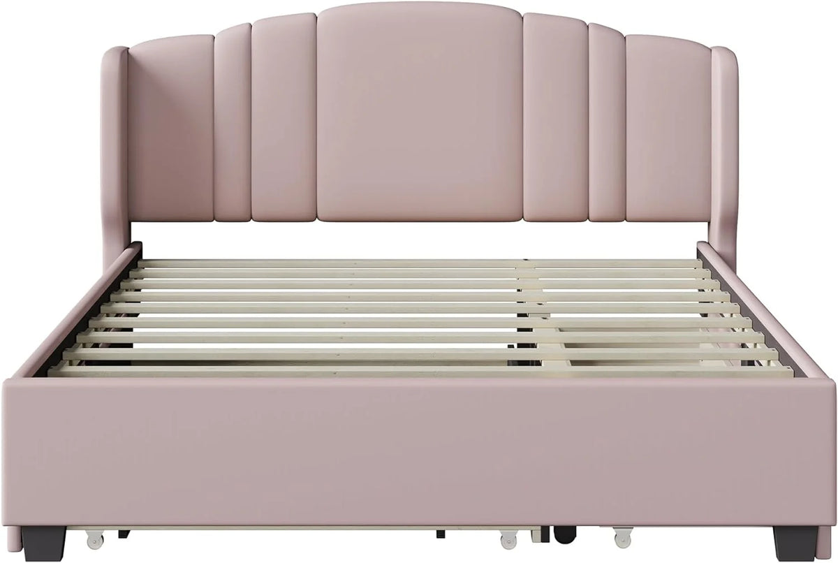 Queen Upholstered Platform Bed with Wingback Headboard and 2 Drawers M560