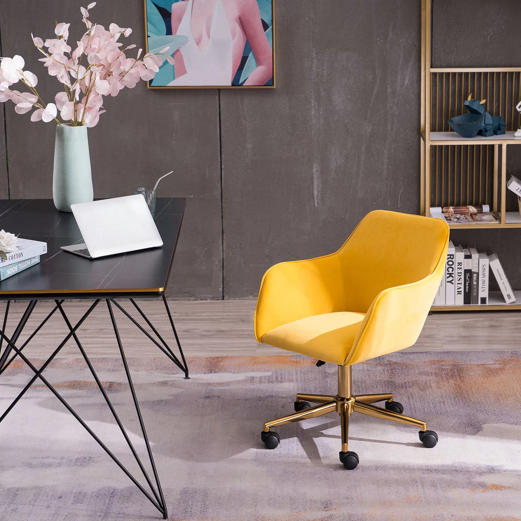 Yellow Velvet Adjustable Height Office Chair with Gold Metal Legs and Wheels E149