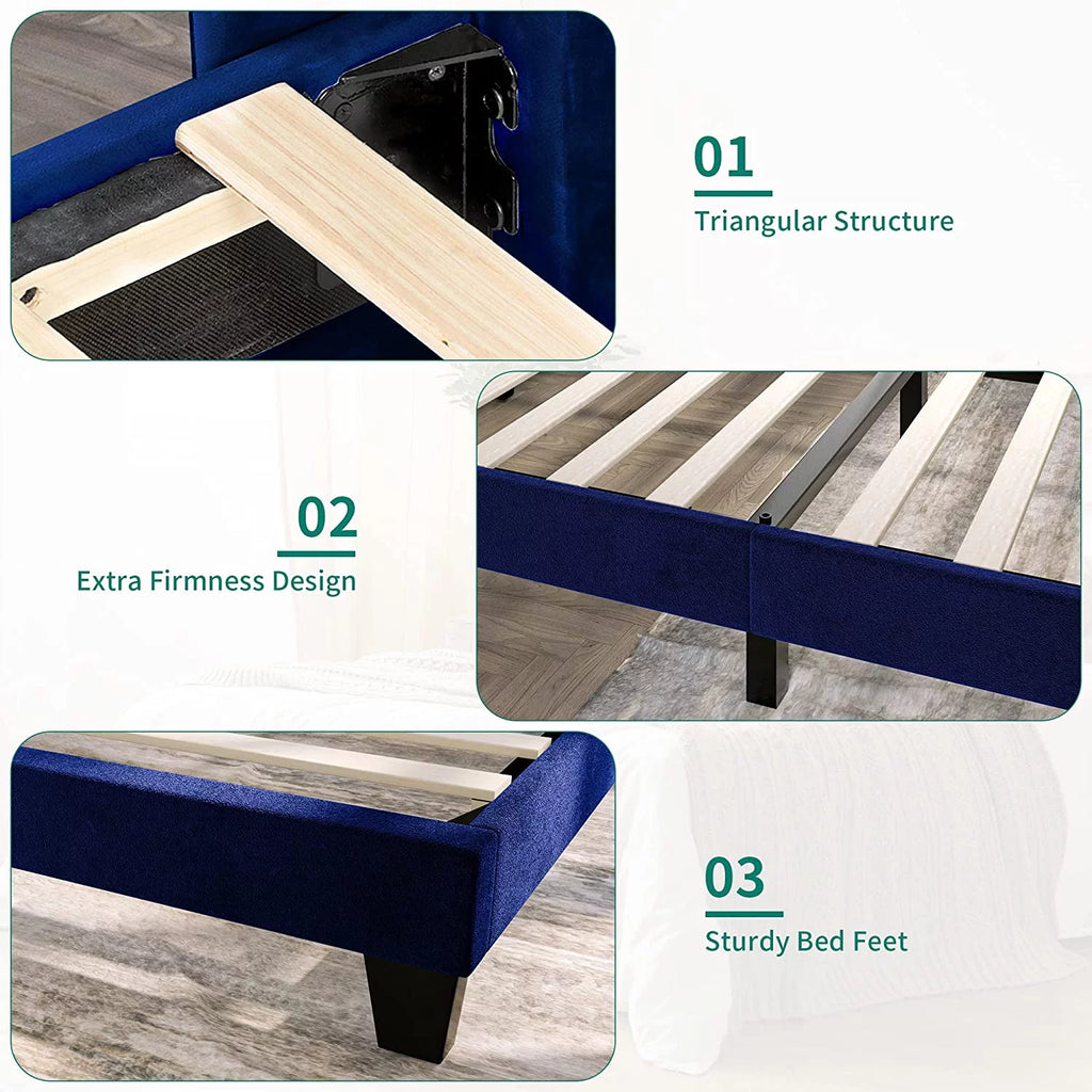 Navy Blue Velvet Upholstered Platform Bed Full R486