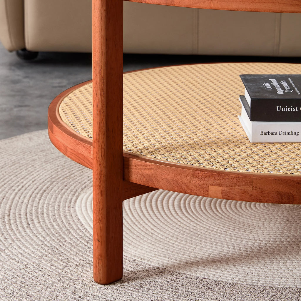 Solid Wood Coffee Table with Glass Top and PE Rattan B5631