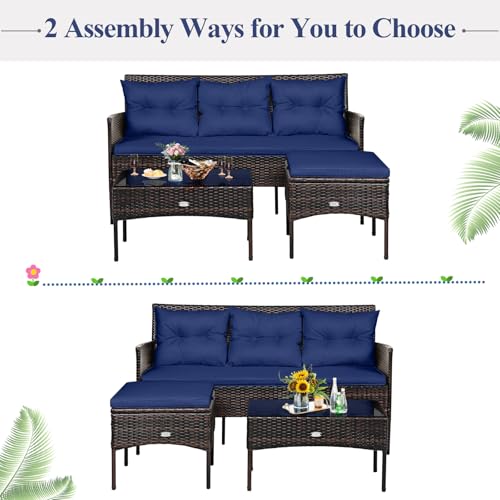 3 Pieces PE Rattan Wicker Patio Conversation Set with Cushions and Tempered Glass Coffee Table F84711