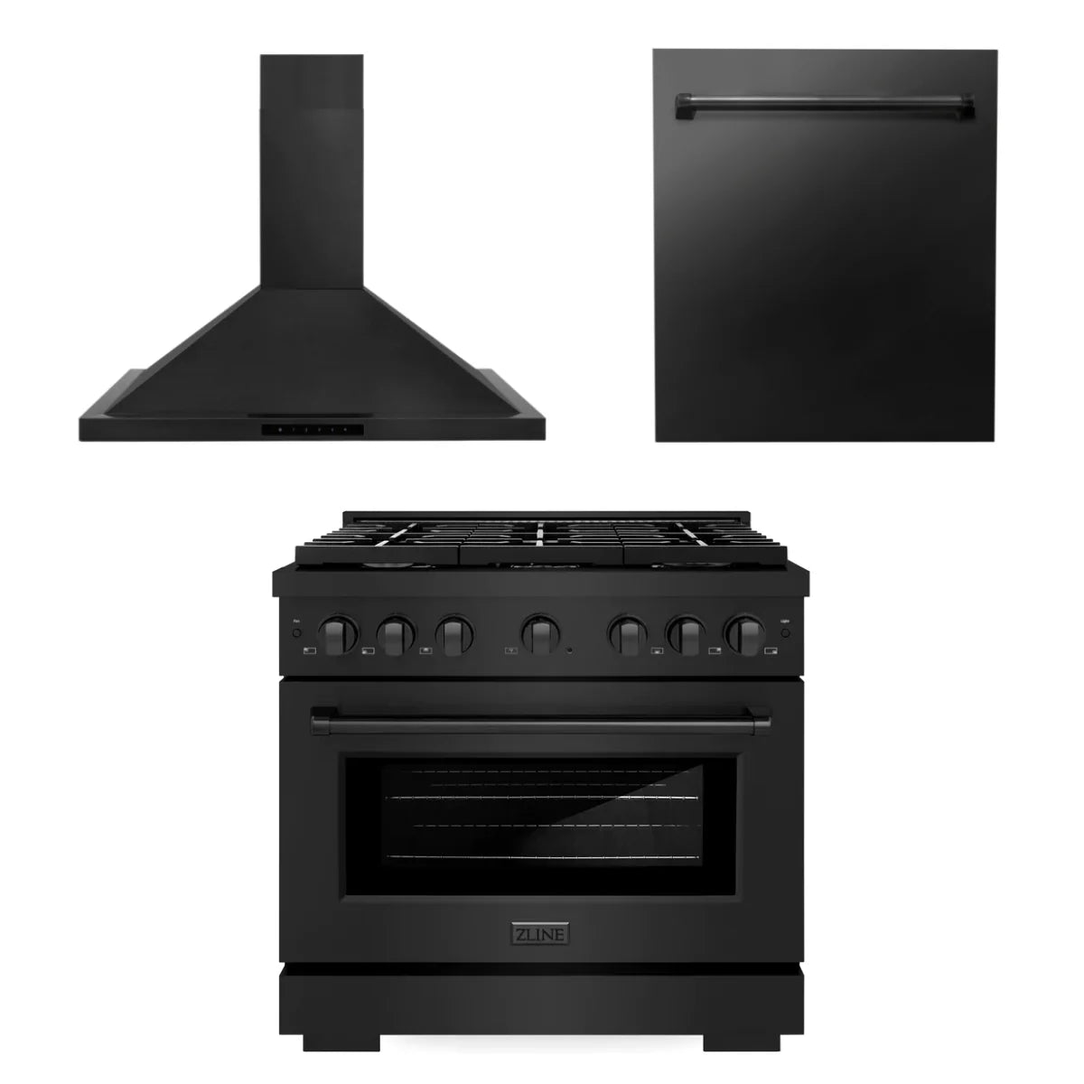 36 in. Gas Range, Range Hood, Dishwasher Black Stainless Steel K67644