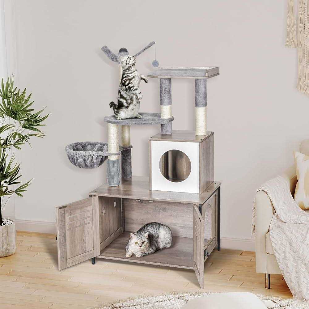 Wooden Cat Litter Box Enclosure with Cat Tree N282473