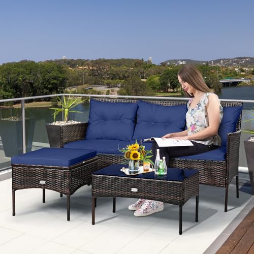 3 Pieces PE Rattan Wicker Patio Conversation Set with Cushions and Tempered Glass Coffee Table F84711